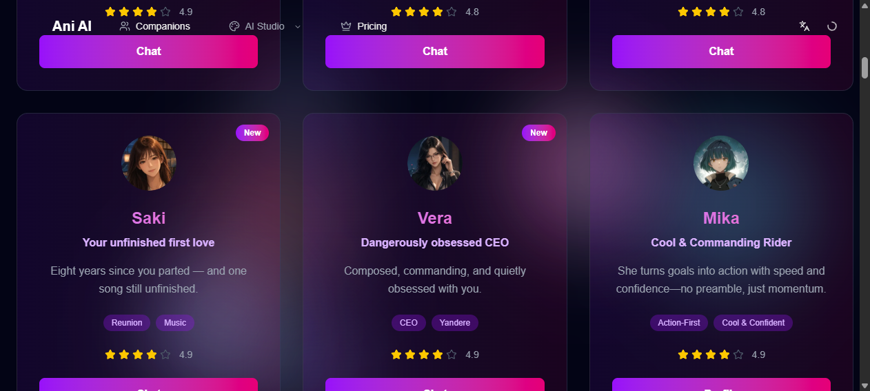 AniAI.net companion selection showing Saki, Vera and Mika cards with tags and star displays