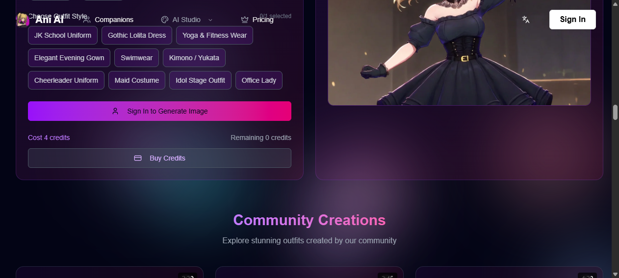 AniAI.net AI Studio with outfit choices, sign-in requirement, four-credit cost and community creations heading