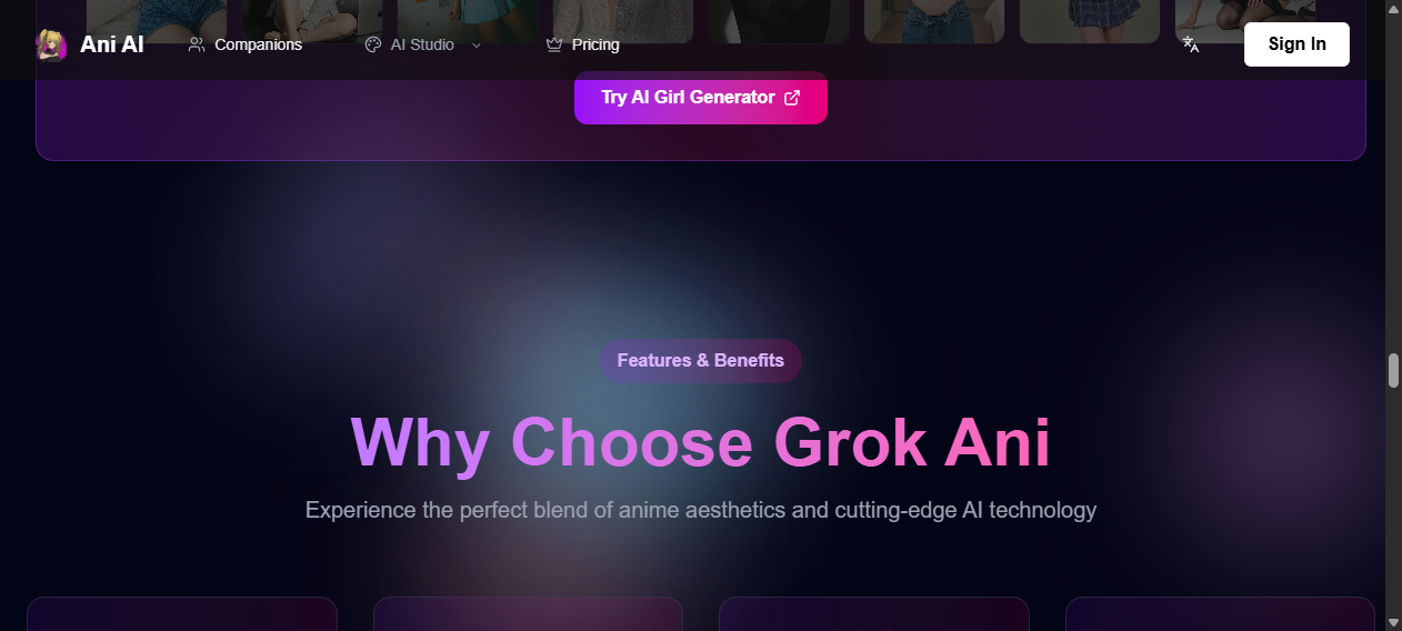 AniAI.net promotional section Why Choose Grok Ani with Features and Benefits label